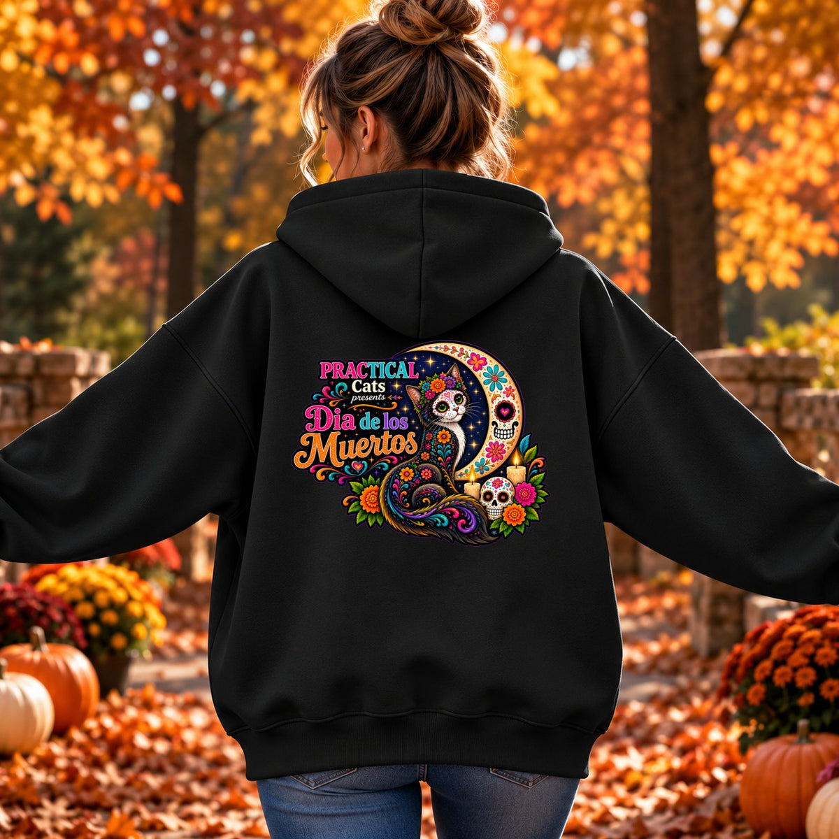 Adult Dia de los Muertos PracTICAl Cats Hoodie with Back Design #2