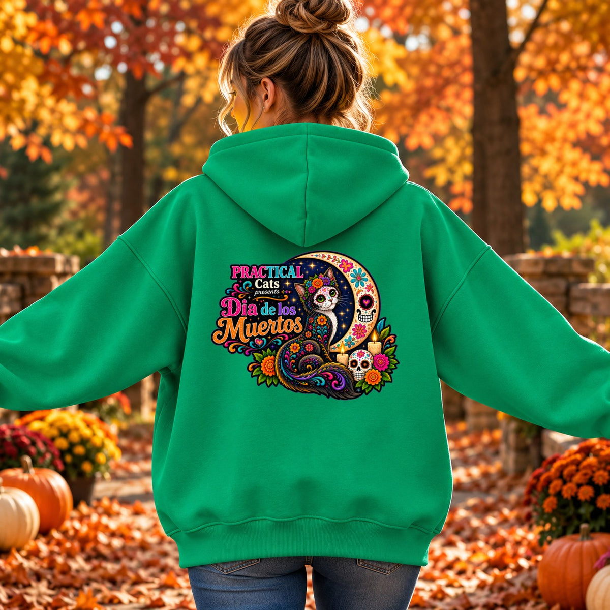 Adult Dia de los Muertos PracTICAl Cats Hoodie with Back Design #2