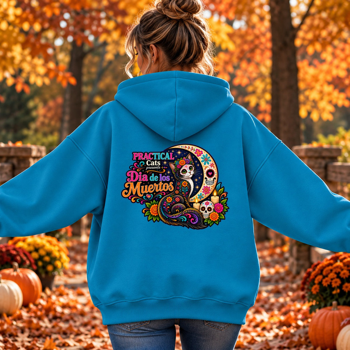 Adult Dia de los Muertos PracTICAl Cats Hoodie with Back Design #2