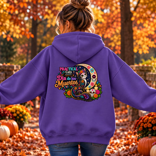 Adult Dia de los Muertos PracTICAl Cats Hoodie with Back Design #2