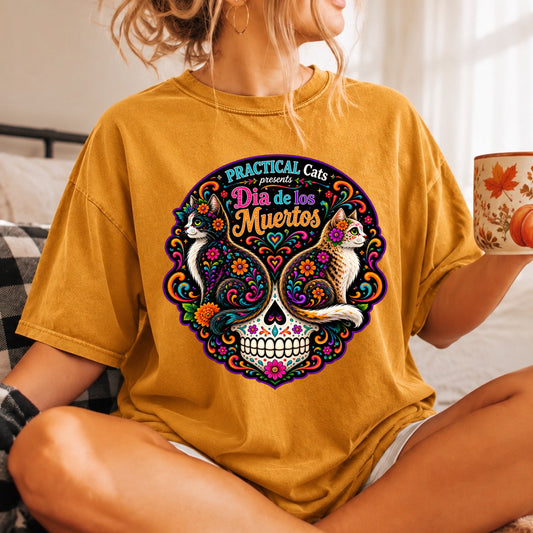 Adult Dia de los Muertos PracTICAl Cats T-Shirt #1