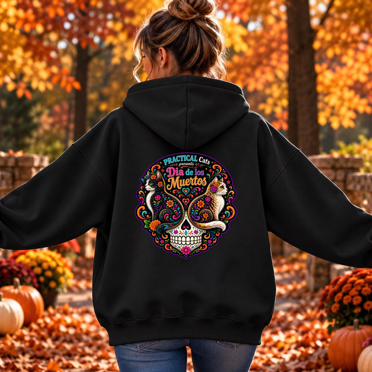 Adult Dia de los Muertos PracTICAl Cats Zip-up Hooded Sweatshirt #1