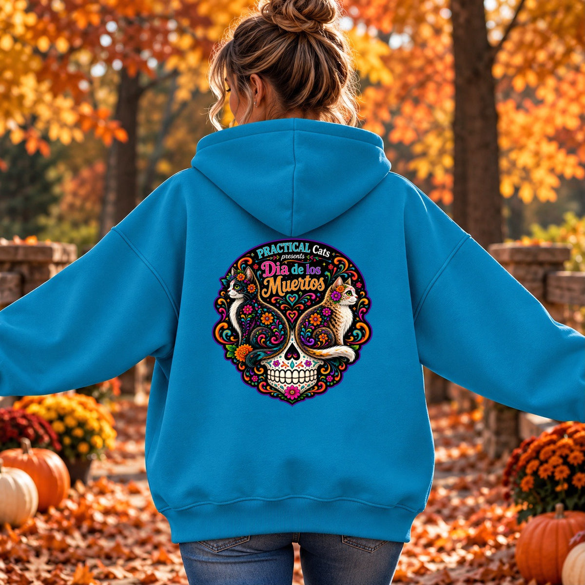 Adult Dia de los Muertos PracTICAl Cats Zip-up Hooded Sweatshirt #1