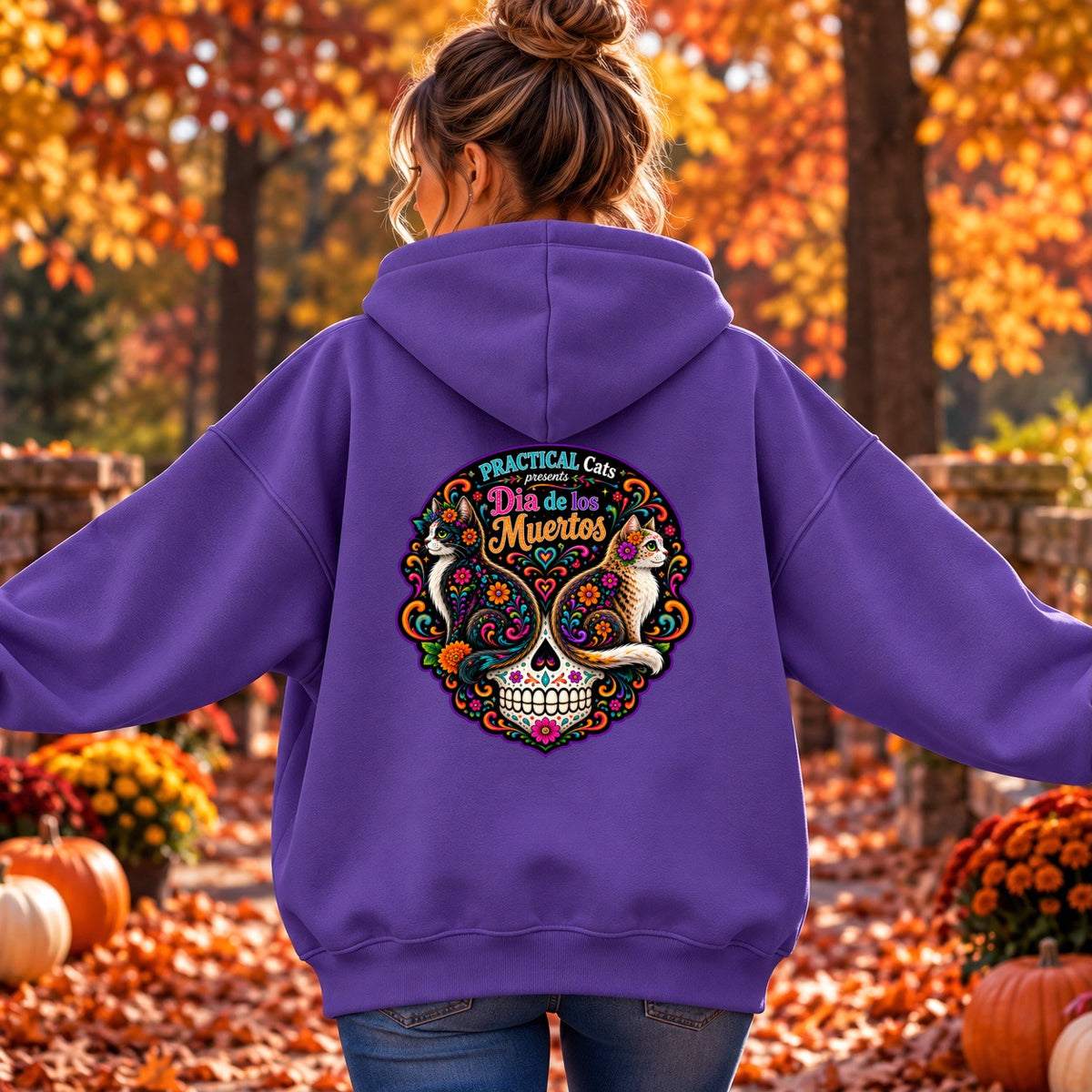 Adult Dia de los Muertos PracTICAl Cats Zip-up Hooded Sweatshirt #1