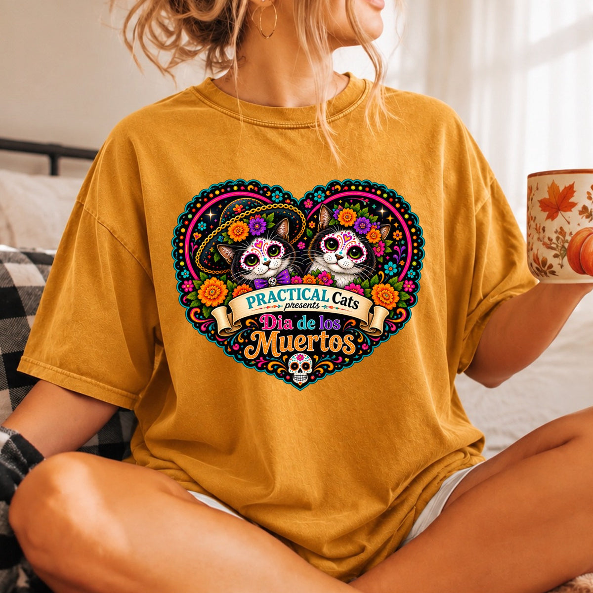 Adult Dia de los Muertos PracTICAl Cats T-Shirt #3