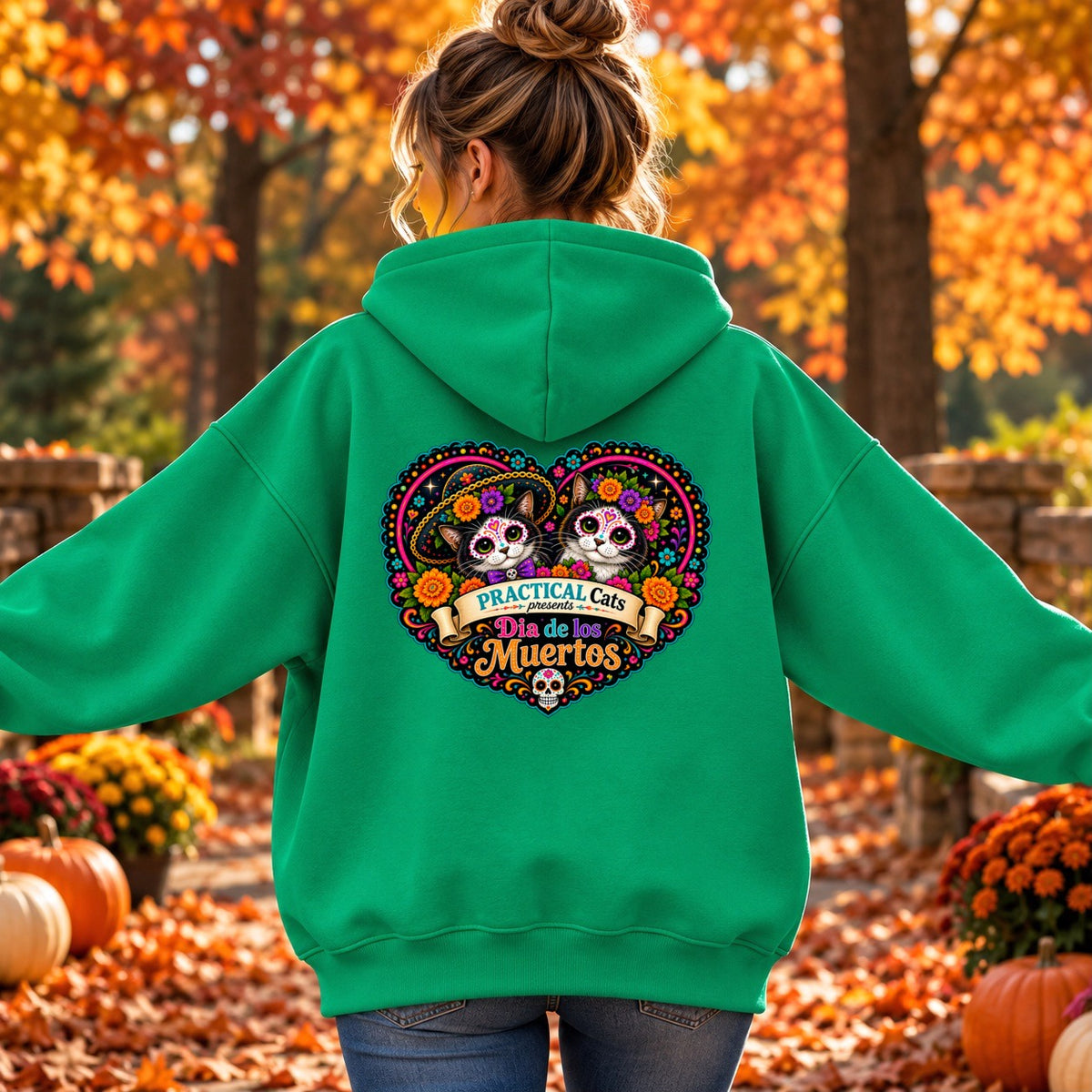 Adult Dia de los Muertos PracTICAl Cats Zip-up Hooded Sweatshirt #3