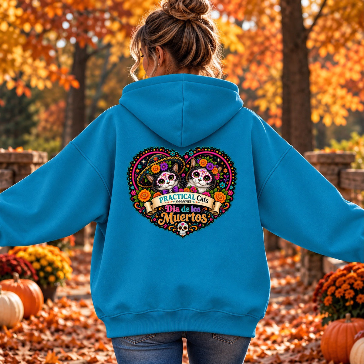 Adult Dia de los Muertos PracTICAl Cats Hoodie with Back Design #3