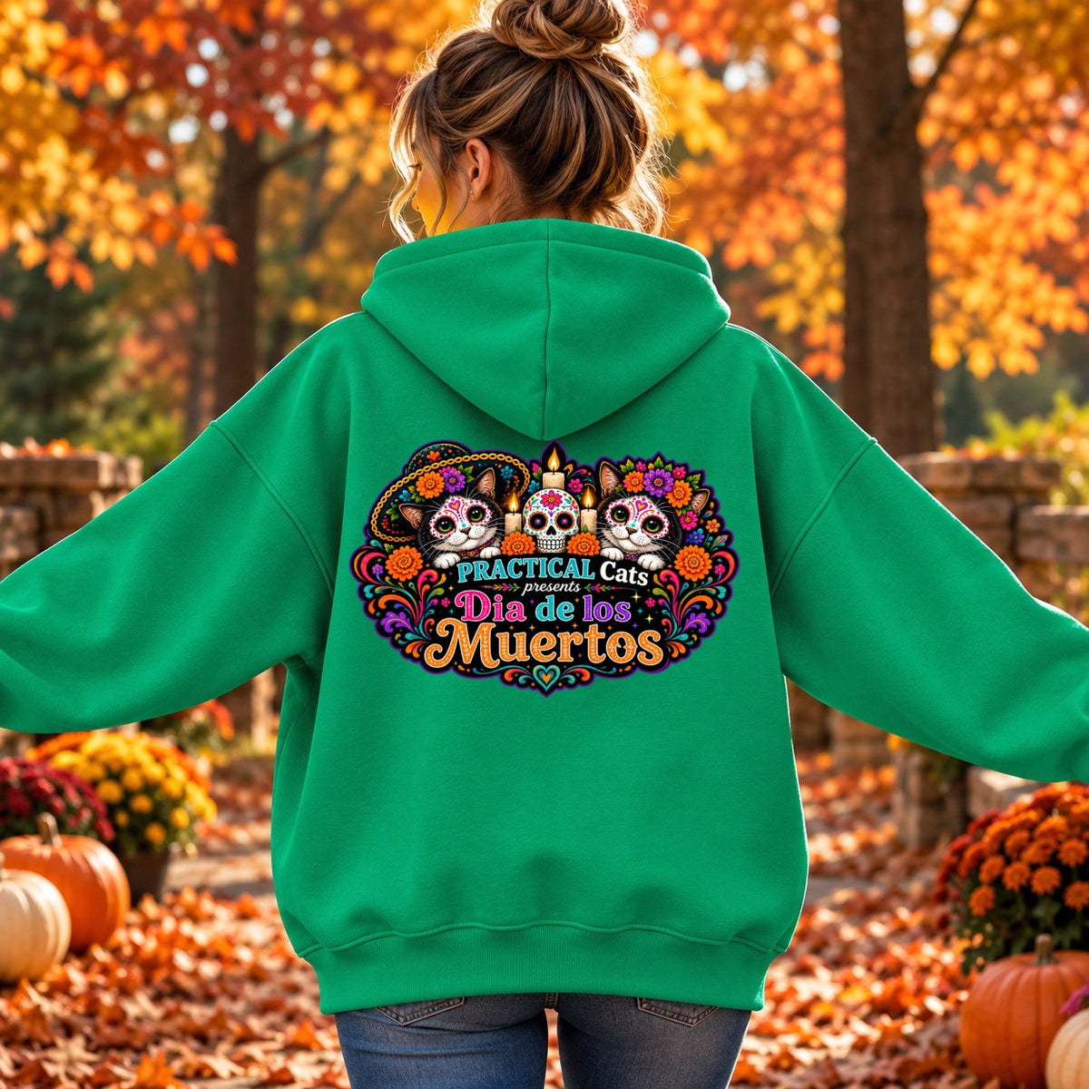 Adult Dia de los Muertos PracTICAl Cats Hoodie with Back Design #4