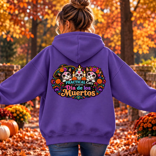 Adult Dia de los Muertos PracTICAl Cats Hoodie with Back Design #4