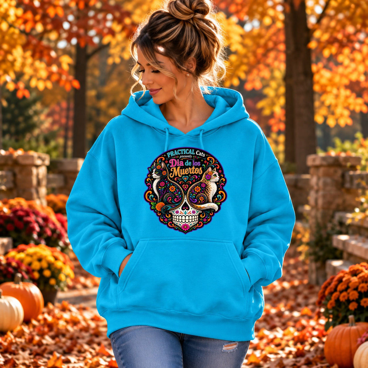 Adult Dia de los Muertos PracTICAl Cats Hoodie with Front Design #1