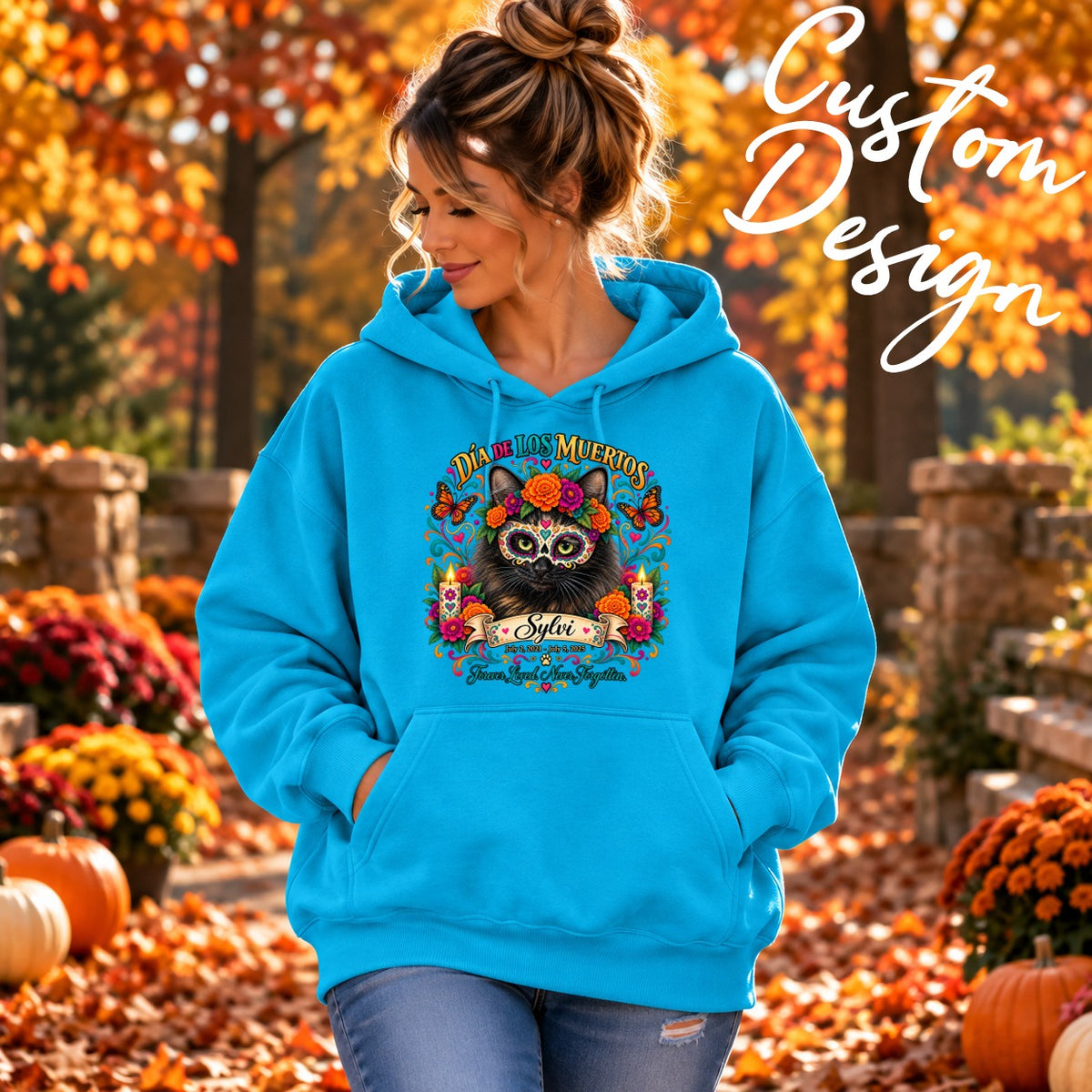 Custom Adult Dia de los Muertos PracTICAl Cats Hoodie with Front Design