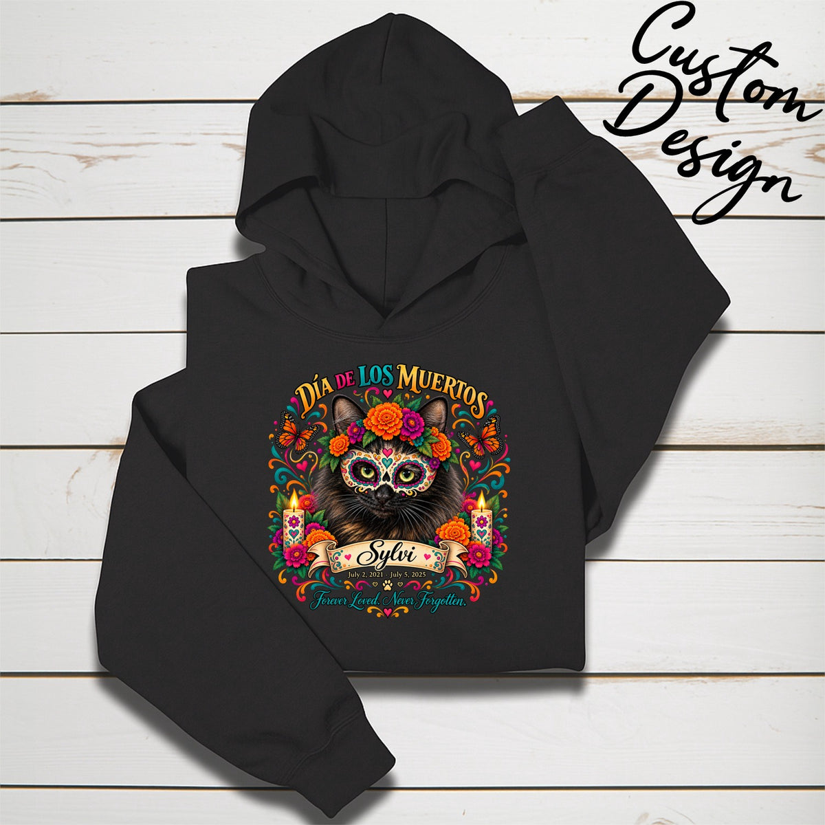 Custom Adult Dia de los Muertos PracTICAl Cats Hoodie with Front Design