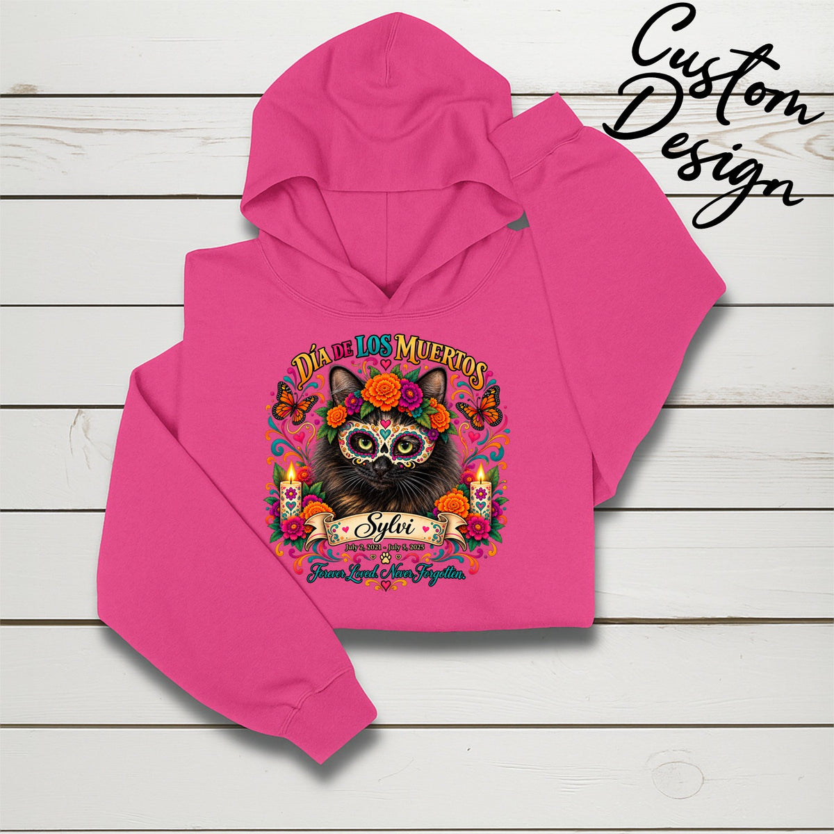 Custom Adult Dia de los Muertos PracTICAl Cats Hoodie with Front Design