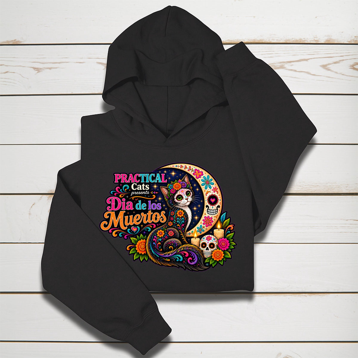 Adult Dia de los Muertos PracTICAl Cats Hoodie with Front Design #2