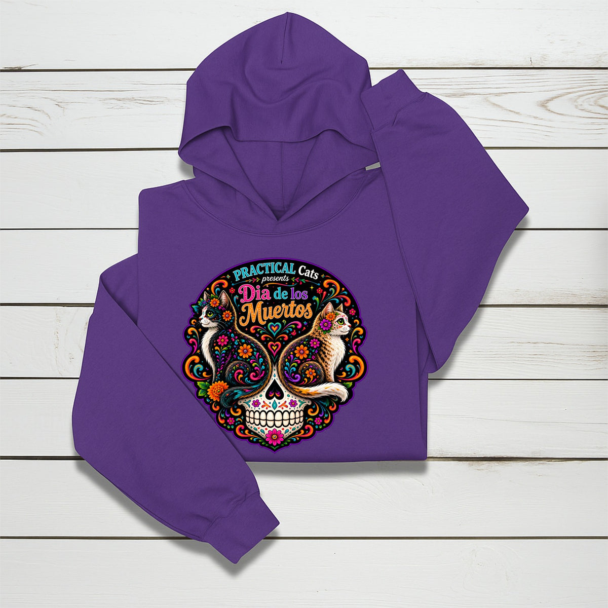 Adult Dia de los Muertos PracTICAl Cats Hoodie with Front Design #1