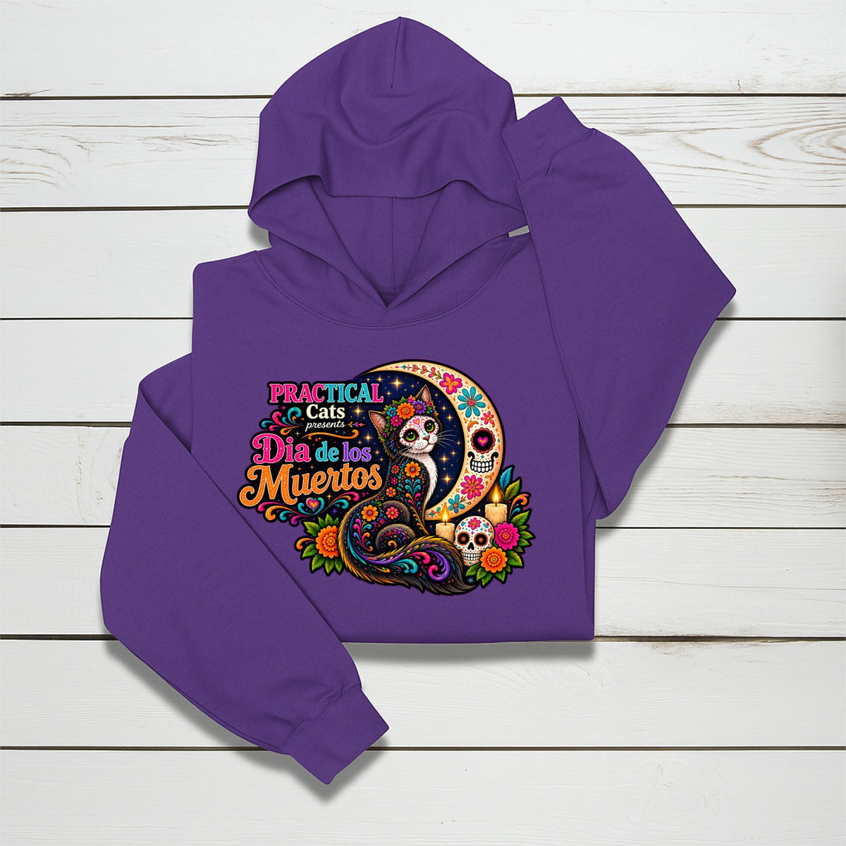 Adult Dia de los Muertos PracTICAl Cats Hoodie with Front Design #2
