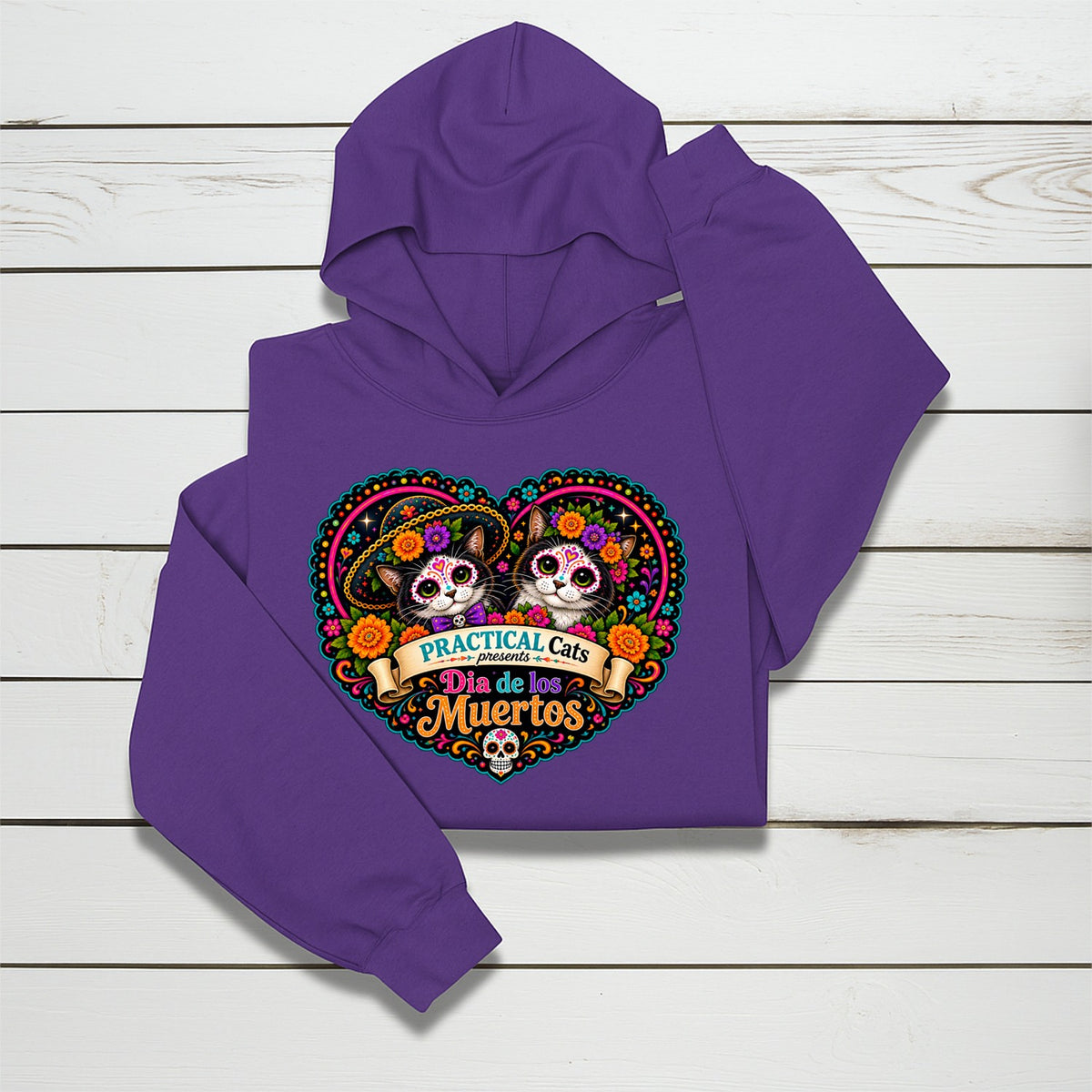Adult Dia de los Muertos PracTICAl Cats Hoodie with Front Design #3