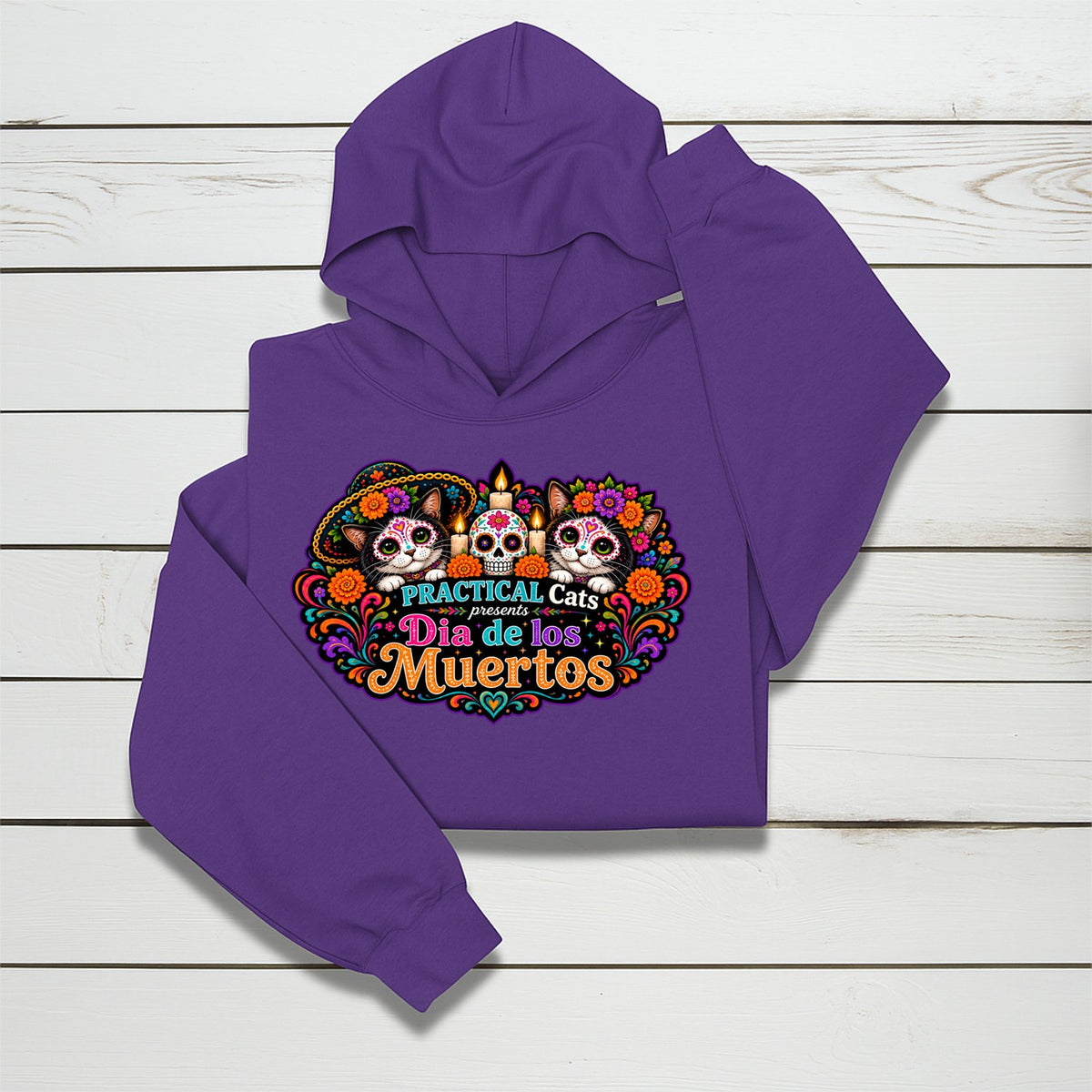 Adult Dia de los Muertos PracTICAl Cats Hoodie with Front Design #4