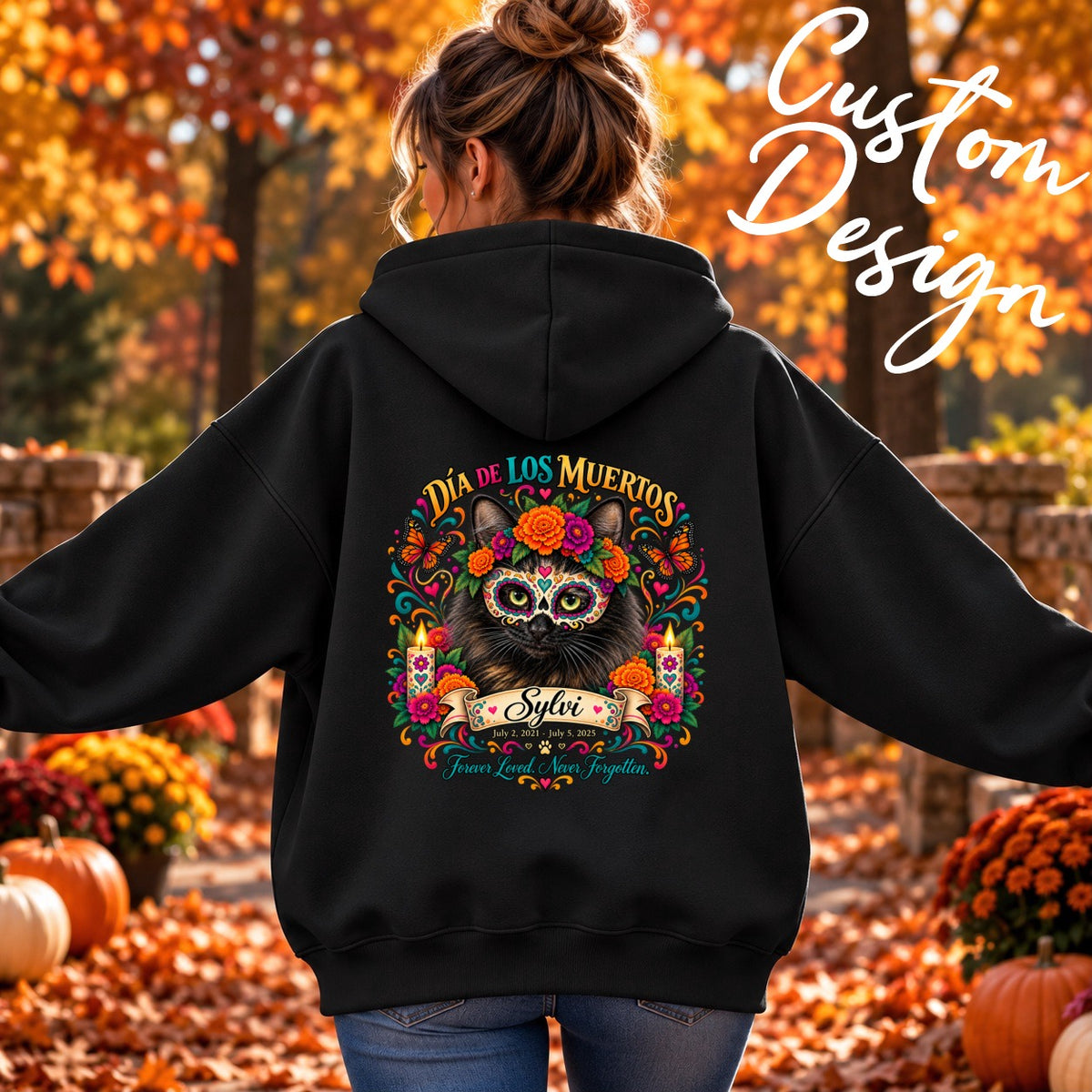 Custom Adult Dia de los Muertos PracTICAl Cats Hoodie with Back Design