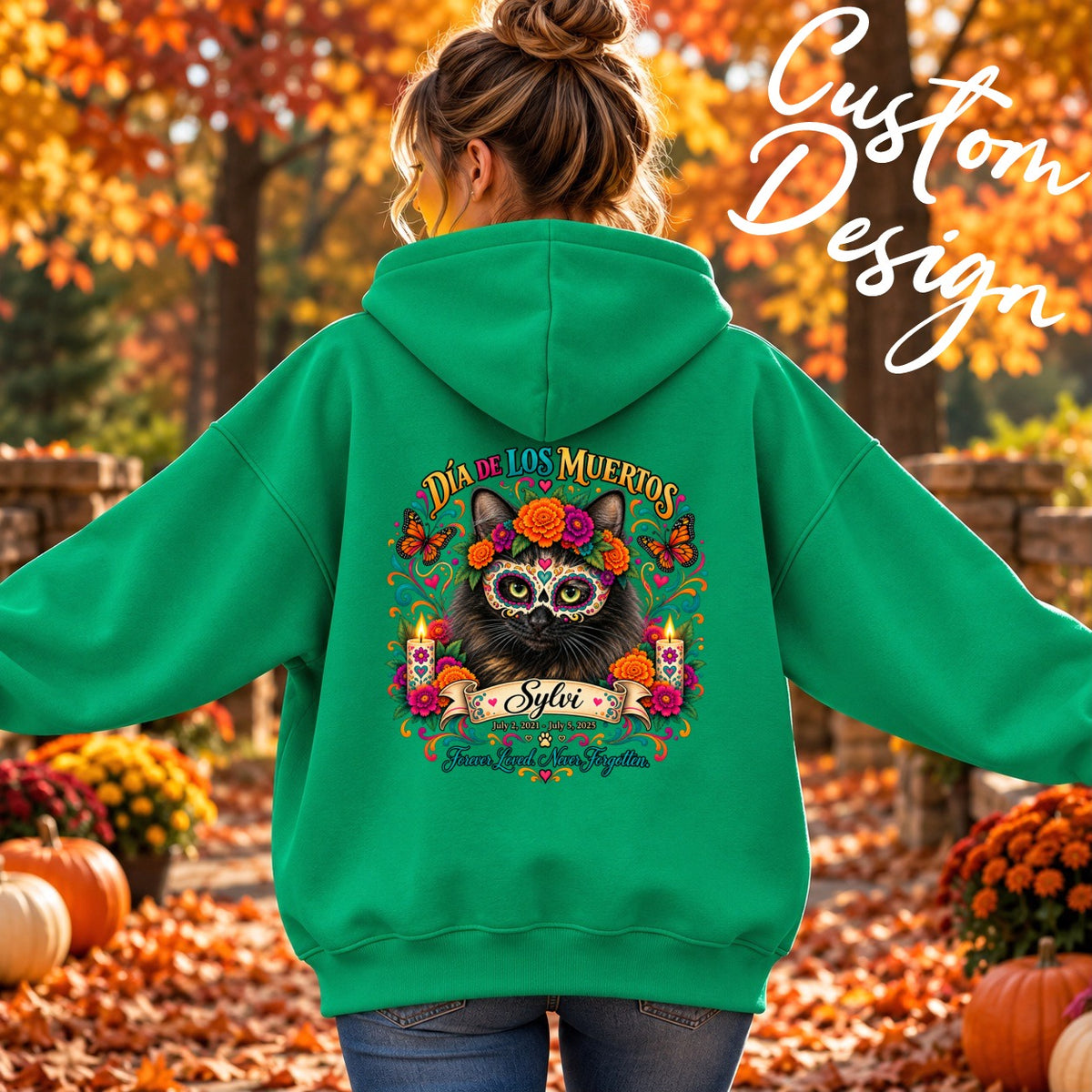 Custom Adult Dia de los Muertos PracTICAl Cats Zip-up Hooded Sweatshirt
