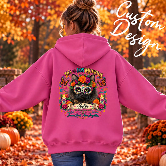 Custom Adult Dia de los Muertos PracTICAl Cats Zip-up Hooded Sweatshirt
